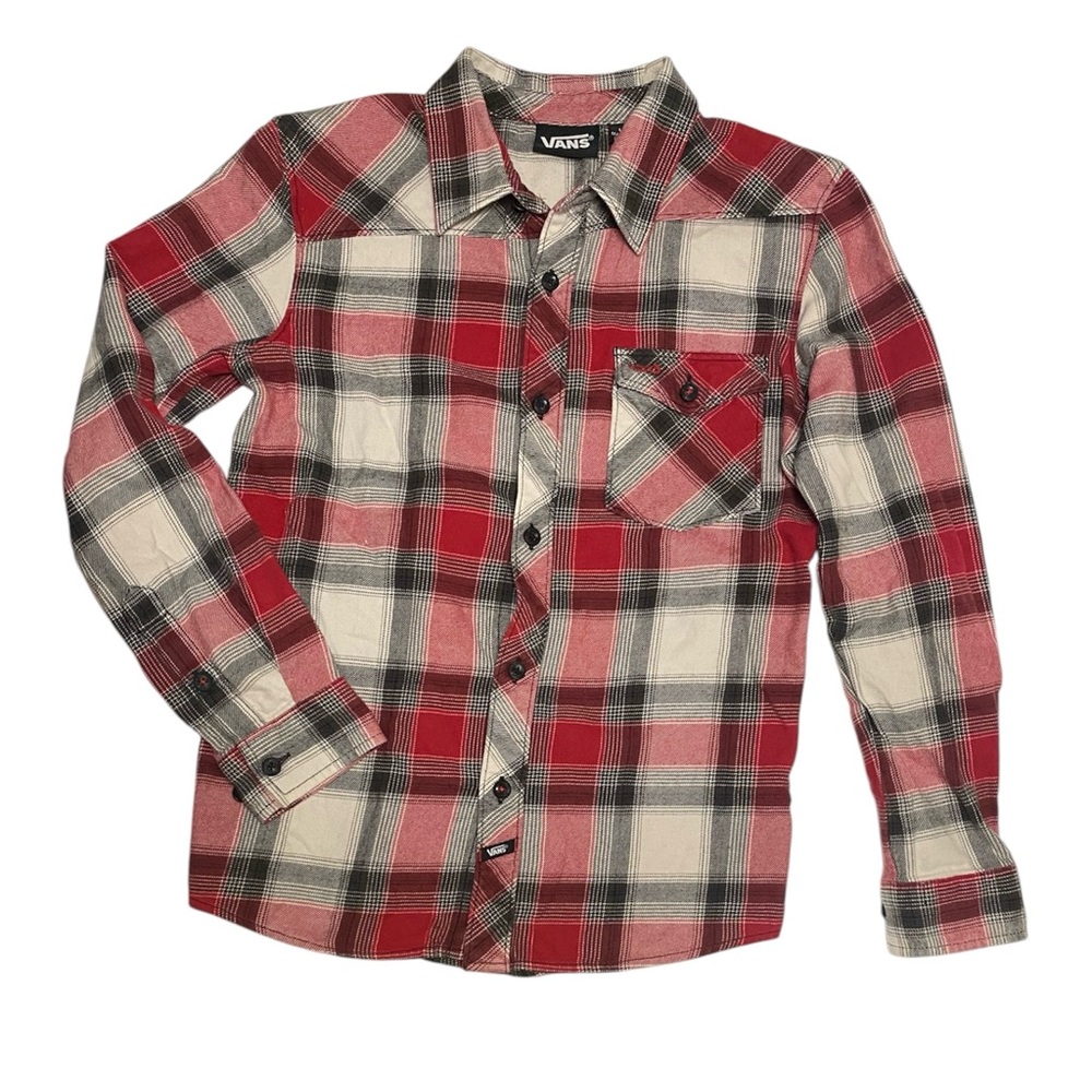 Vans Red Black‎ White Boys Flannel Button Up Sz L